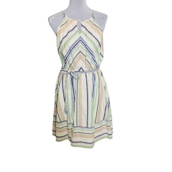 Miami Ivory Striped Halter Dress Size L Belted Linen Blend Cruise Vacation - Picture 8 of 16